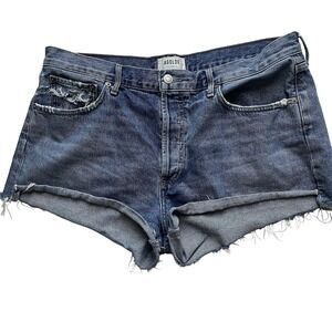 Agolde Parker Distressed Blue Jean Button Fly Cutoff Shorts, 32